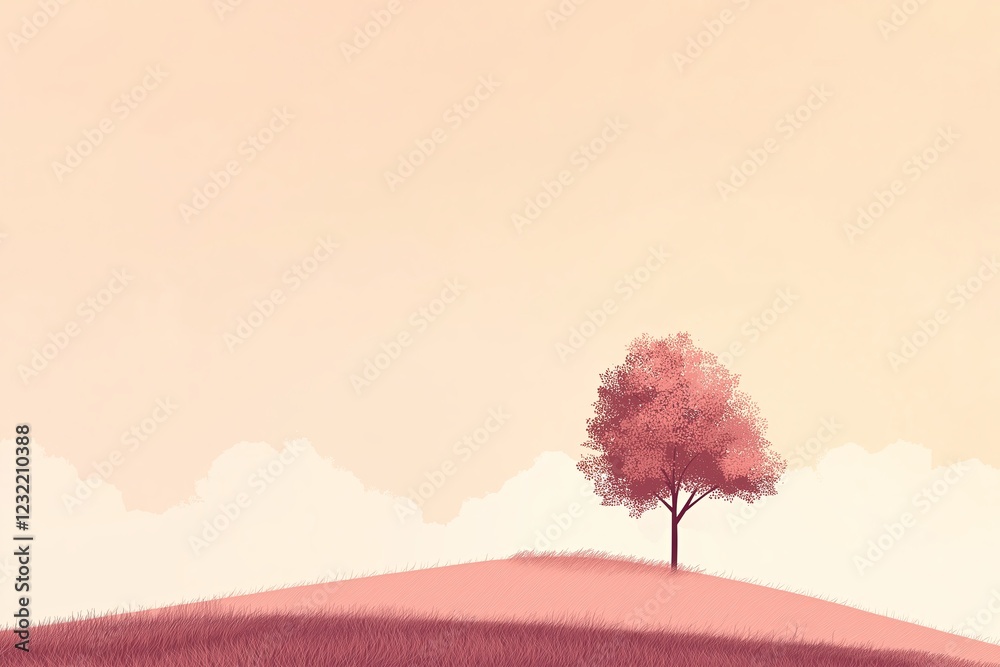 Poster a single tree on a hill under a soft pastel sky, with warm tones and a calming atmosphere