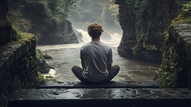 A young man sitting on the steps of a stone bridge, looking out at the river flowing beneath him