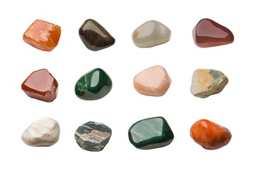 Collection of Polished Tumbled Stones,  A Variety of Colors and Textures, Isolated on White Background Cutout
