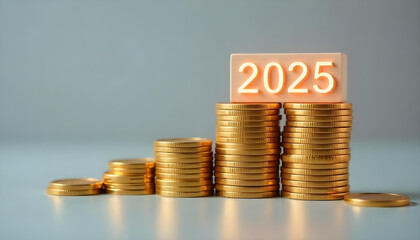 Stacks of golden coins arranged in ascending order on a smooth surface, with wooden blocks on top displaying '2025' in white numerals, against a clean, neutral gray background with no shadows.