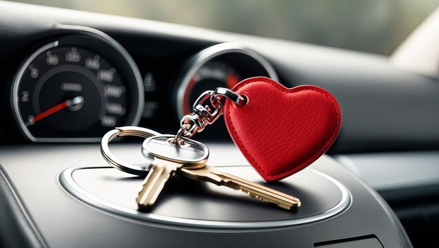 Heart-Shaped Keychain on Car Dashboard with Keys and Speedometer