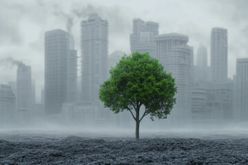 Fototapeta premium Green sapling in soil, urban skyline behind, contrast between nature and city, theme of decarbonization