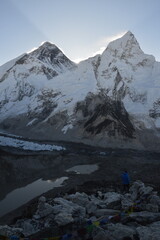 Close up of Mount Everest during sunrise in the Khumbu Valley of the Himalaya mountains in Nepal
