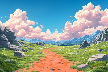 The background of the cartoon depicts green grass, pink clouds, and a blue sky, with gray rocks on both sides of an orange dirt road leading to distant mountains