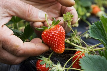 Obraz premium Farmer's Hands Gently Picking a Ripe Strawberry. A close-up of farmer's hands carefully plucking a vibrant red strawberry from its plant, showcasing the freshness and care in harvesting.