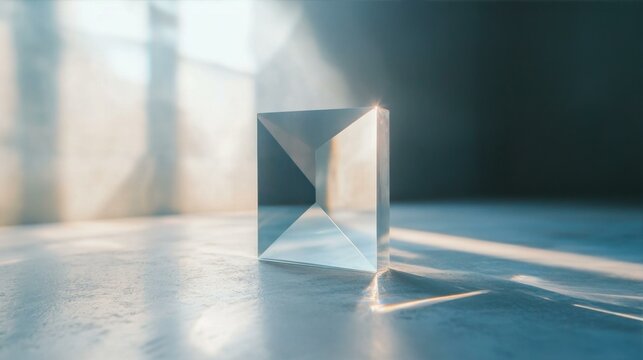 Clear Prism Reflecting Light Beams on Surface with Window Reflections and Dark Wall Background