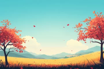 Gardinen Autumn trees, field, mountains, falling leaves, idyllic landscape © kribbox