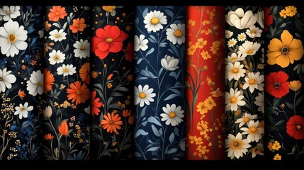 A collection of floral patterns in various colors, showcasing diversity in design