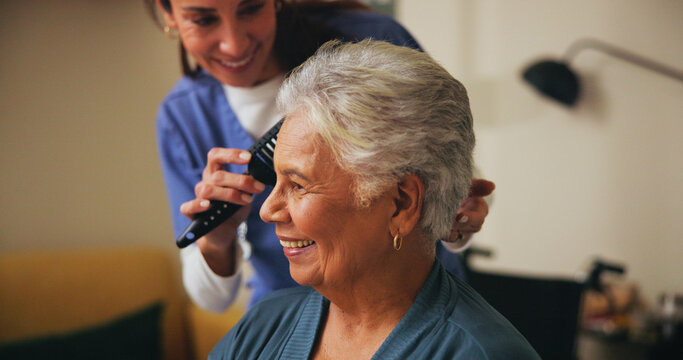 Nurse, brush and senior woman with hairstyle for self care, grooming or morning routine at assisted living. Healthcare, retirement home and caregiver help elderly female patient with beauty treatment