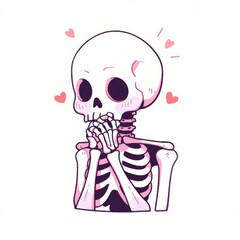 Kawaii Skeleton With Hearts And Prayer Pose On A White Background Digital Illustration