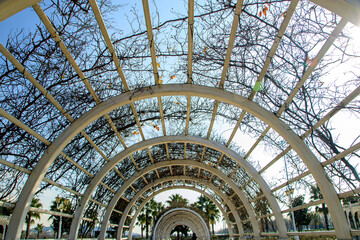 selective view of vault shaped rose cages under blue sky on winter day