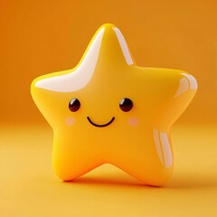 A glossy yellow kawaii star with a cheerful smiley face and blushing cheeks set against a bright orange background