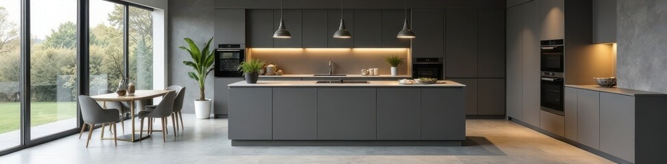 High-end appliances, gray PVC floor, island, pendant lights, pvc, modern kitchen
