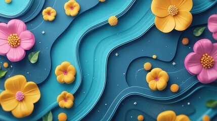 Abstract spring waves with floral elements, flat-design