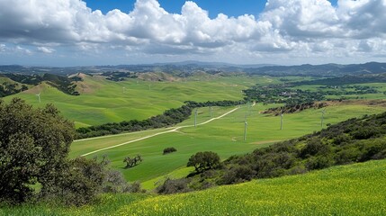 Rolling hills, wind farm, valley, green landscape, sunny day,  countryside, renewable energy, aerial view, farmland, travel