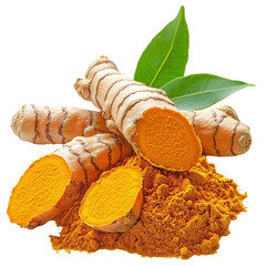 Fresh turmeric roots with powder and green leaves, vibrant and earthy spice, transparent background, ideal for health, culinary, or herbal product visuals
