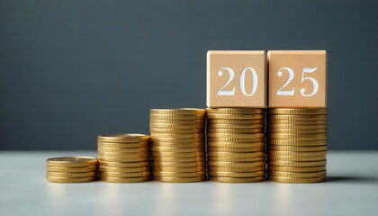 Stacks of golden coins arranged in ascending order on a smooth surface, with wooden blocks on top displaying '2025' in white numerals, against a clean, neutral gray background with no shadows.
