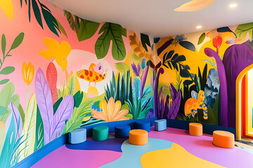 Vibrant kids playroom with tropical mural