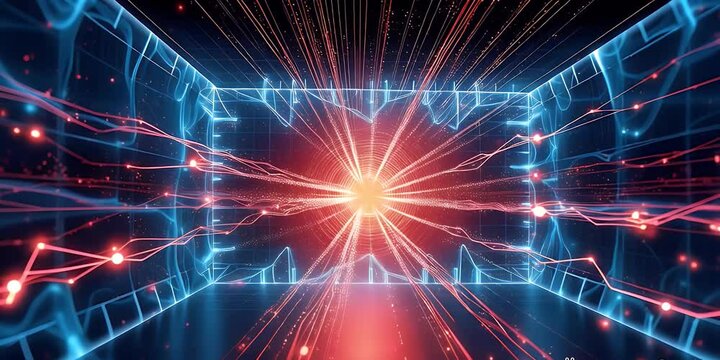 An abstract depiction of the quantum world with flowing linear waves, representing energy, particles, and futuristic motion in a dynamic visual.

