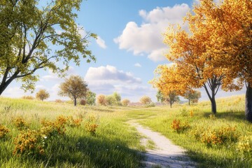 Naklejka premium Autumnal path, meadow, golden trees, sunny day, rural landscape, idyllic scene, nature background, website design