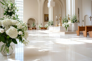 Bright White Church Interior with Floral Arrangements
