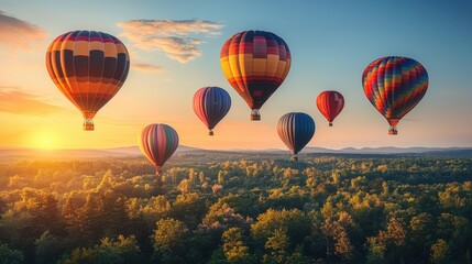 Floating hot air balloons over a dreamy spring sunset, flat-desi