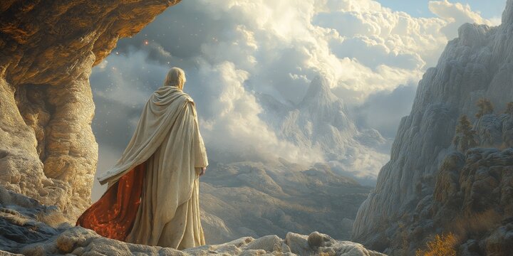 Elijah on Mount Horeb: A Dramatic Portrait of the Prophet Listening for God's Still Small Voice, Wrapped in His Cloak Amidst Wind and Divine Light