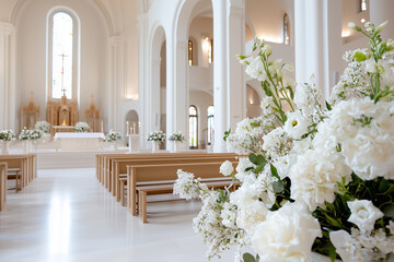 Bright White Church Interior with Floral Arrangements for a Wedd