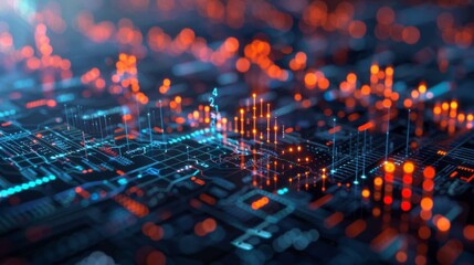 Colorful lines and dots form a network representation, highlighting the flow of data in a digital landscape filled with glowing connections and patterns, suggesting advanced technology in use.