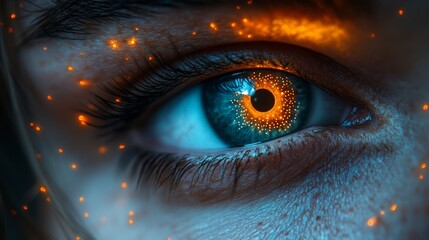 A woman's eye is lit up with a blue and orange glow