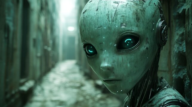 A green alien with glowing eyes stands in a hallway