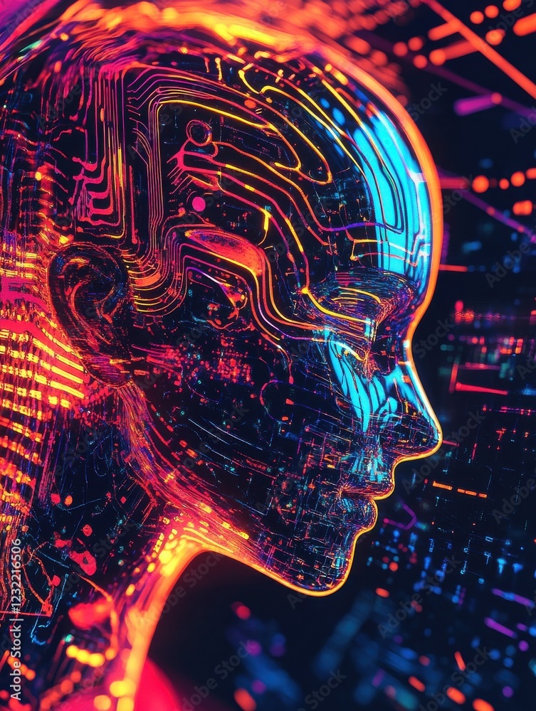 Poster illustration of an ai chatbot featuring a vibrant neural brain pattern integrated into a sleek inter