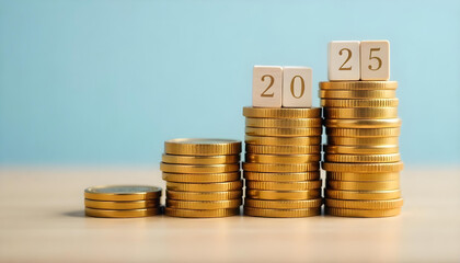 Stacks of golden coins arranged in ascending order on a smooth surface, with wooden blocks on top displaying '2025' in white numerals, against a clean, neutral gray background with no shadows.