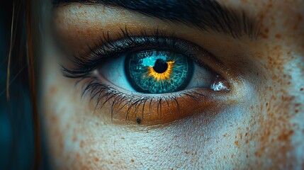 Fototapeta premium A woman's eye is shown with a blue iris and a yellow pupil