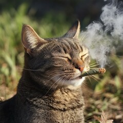 Tabby Cat Relaxing With A Rolled Cigarette Smoke In Mouth Outside Amidst Grass Field