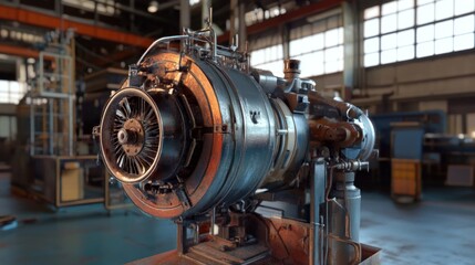 Vintage Jet Engine in Industrial Setting: A Detailed Look at Aeronautics History