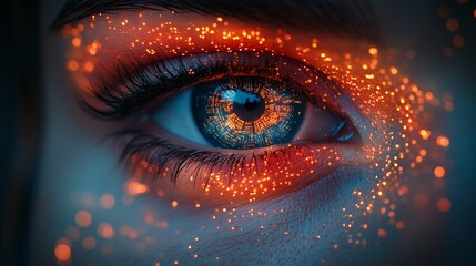 A woman's eye is surrounded by a glowing orange and blue light