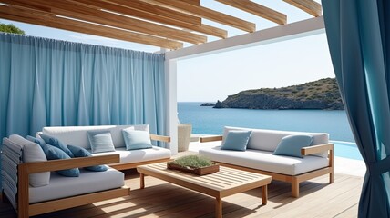Fototapeta premium Relaxing in a Greek-Style Canopy Lounge Overlooking the Aegean Sea