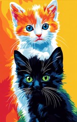 Two Kittens Graphic Art Orange and Black Cats Vivid Colors Illustration Style