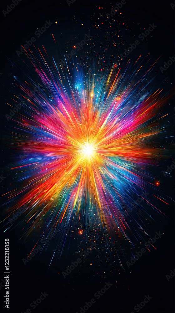 Poster vibrant explosion of color and light radiating outwards in dazzling display against dark backdrop