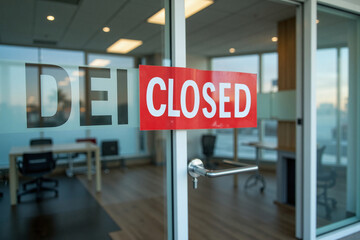 A closure notice posted on the glass door of the offices for diversity, equity, and inclusion after presidential order to end the DEI program, leaving the workplace empty and jobs terminated. Concept.