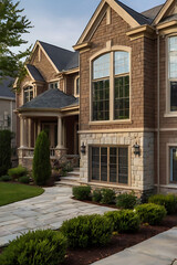 Luxury House Exterior: Stone and Brick Facade, Landscaped Garden, and Walkway