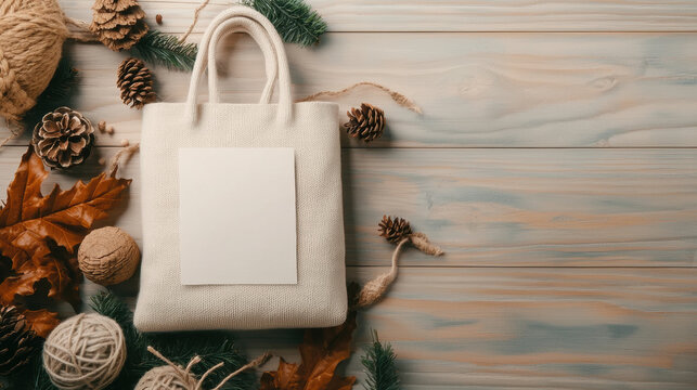 Eco friendly tote bag with blank label surrounded by pine cones, leaves, and twine, creating warm, natural atmosphere perfect for seasonal gifting