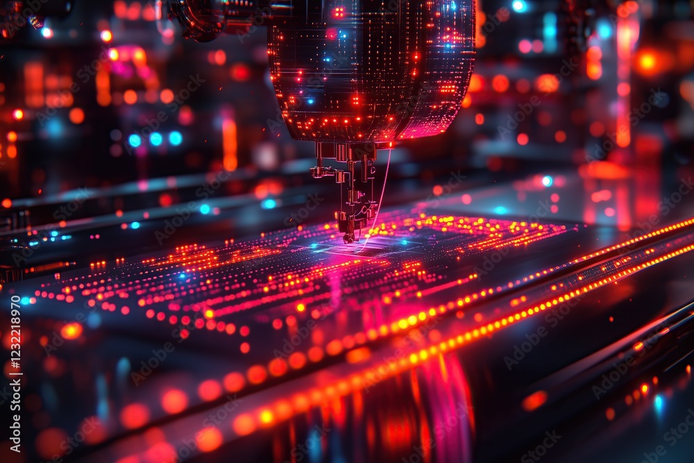 Poster futuristic machine precisely works on glowing circuit board vibrant display of technology