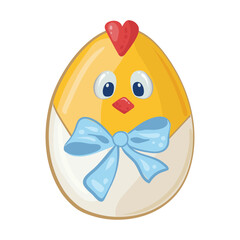 Little yellow Easter chick with red beak and blue bow sits in white eggshell. Happy Easter holiday gift. Vector drawing of chick in egg for greeting card, stickers, coloring.