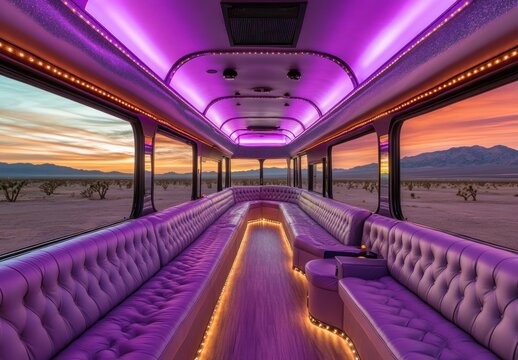 Luxury Party Bus Interior at Sunset in the Desert