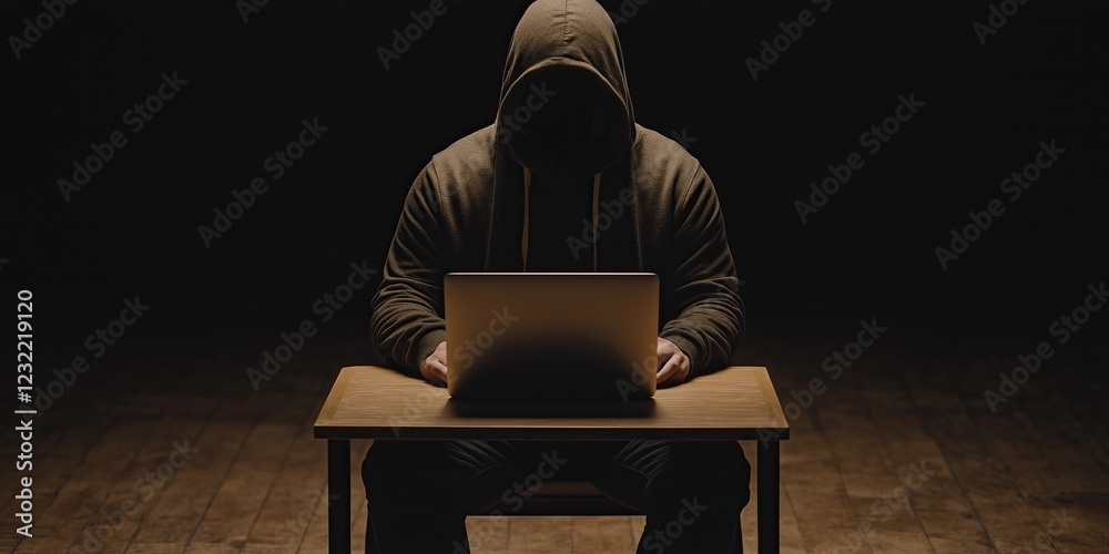 Poster hacker hooded figure sits in dark working on laptop secrecy and mystery implied