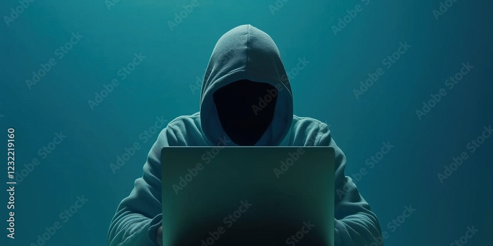 Poster hacker hooded figure sits before laptop face obscured in shadow suggesting anonymity and clandestine