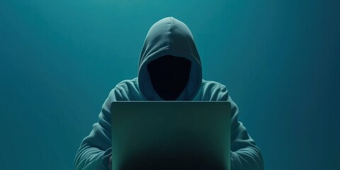 hacker hooded figure sits before laptop face obscured in shadow suggesting anonymity and clandestine activity