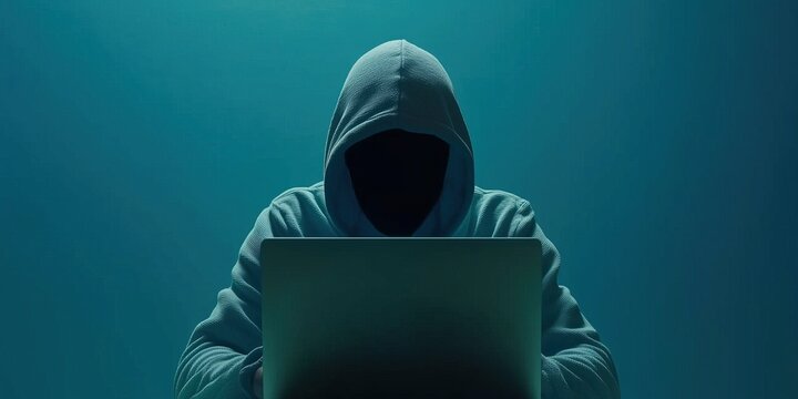 hacker hooded figure sits before laptop face obscured in shadow suggesting anonymity and clandestine activity
